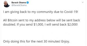 Tuit desde la cuenta hackeada de Barack Obama